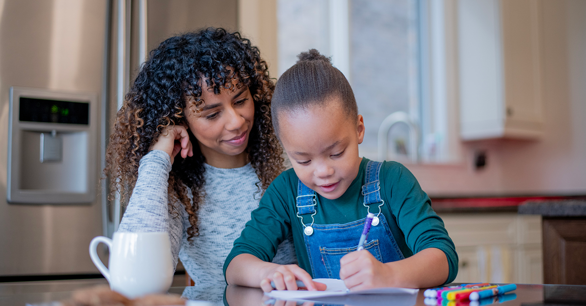 Mother and daughter learn at home